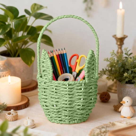 Easter Basket with Handle,Easter Decor Camping Handwoven Storage Basket with Handle Easter Basket ,Easter Bunny Basket,Rabbit Ear Straw Wicker Easter Egg Candy Basket (1pc -LI-green)