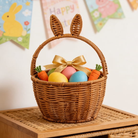 Easter Basket with Handle Kids Plastic Bunny Easter Baskets Rabbit Harvest Flower Girl Hunt Toy Mini Picnic Wine Woven Baby boy Fruit Birthday Organizer Egg Dorothy Cute Cookies Beach Storage