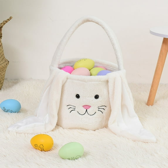 Easter Basket with Handle,Plush Easter Bunny Basket with Long Plush Ears,Personalized Reusable Easter Tote Buckets for Kids,Egg Hunting Bag for Candy Storage & Easter Home Decorations