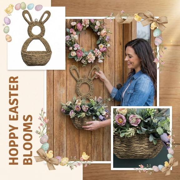 Easter Basket Handwoven Paper Rope Wire Bunny Basket Spring Rabbit Easter Decoration Storage Basket for Egg Hunt Candy Holder Home Decor (1 Count)