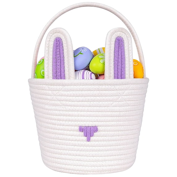 Easter Basket for Kids, Woven Cotton Rope Storage Basket with Cute Bunny Ears, Purple and White Gift Bucket for Easter Egg Hunt and Nursery Decor, 2 Styles
