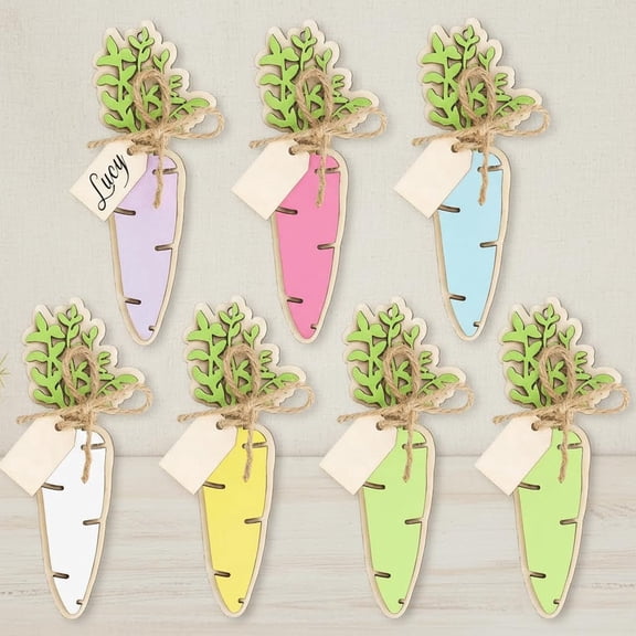Easter Basket Name Tags Carrot Rustic Wooden Gift Tags Colorful Wood Cutouts Label Ornaments with Hemp Rope for Spring Holiday Party Farmhouse Tree