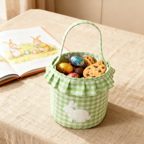 Easter Basket, Plaid Print Bunny Pattern Storage Organizer with Handle, Large Capacity for Easter Egg Hunt Spring Home Decor Holiday Gift 9x9 Inches Spring Decorations (Green)