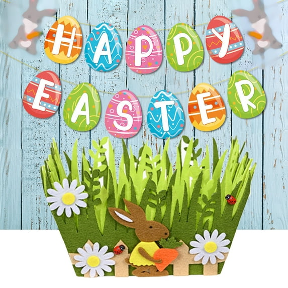 Easter Basket,Portable Non-Woven Picket Fence Felt Basket With Daisy Pink Bunny,Elegant Green Storage Container for Easter Party Supplies