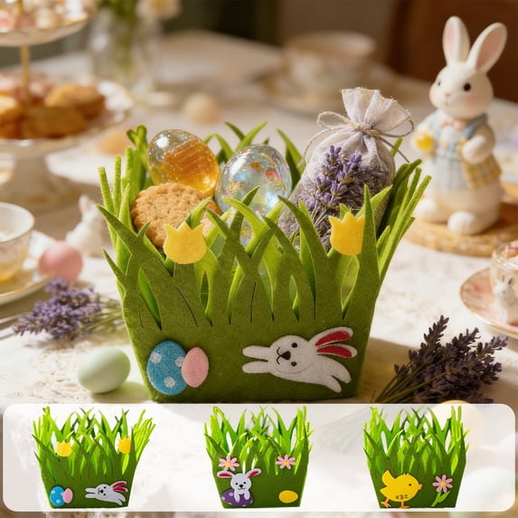 Easter Basket,Portable Non-Woven Picket Fence Felt Basket With Daisy Pink Bunny,Elegant Green Storage Container for Easter Party Supplies
