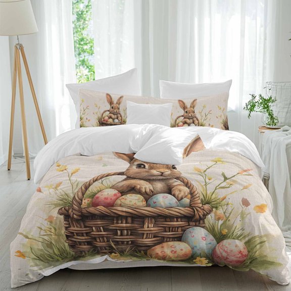 Easter Basket Rabbit Queen Size 4 piece Duvet Cover Set,3 Comfort Bedding Set, Include a Duvet Cover,a Bed Sheet, 2 Pillowcase with Zipper for All Season
