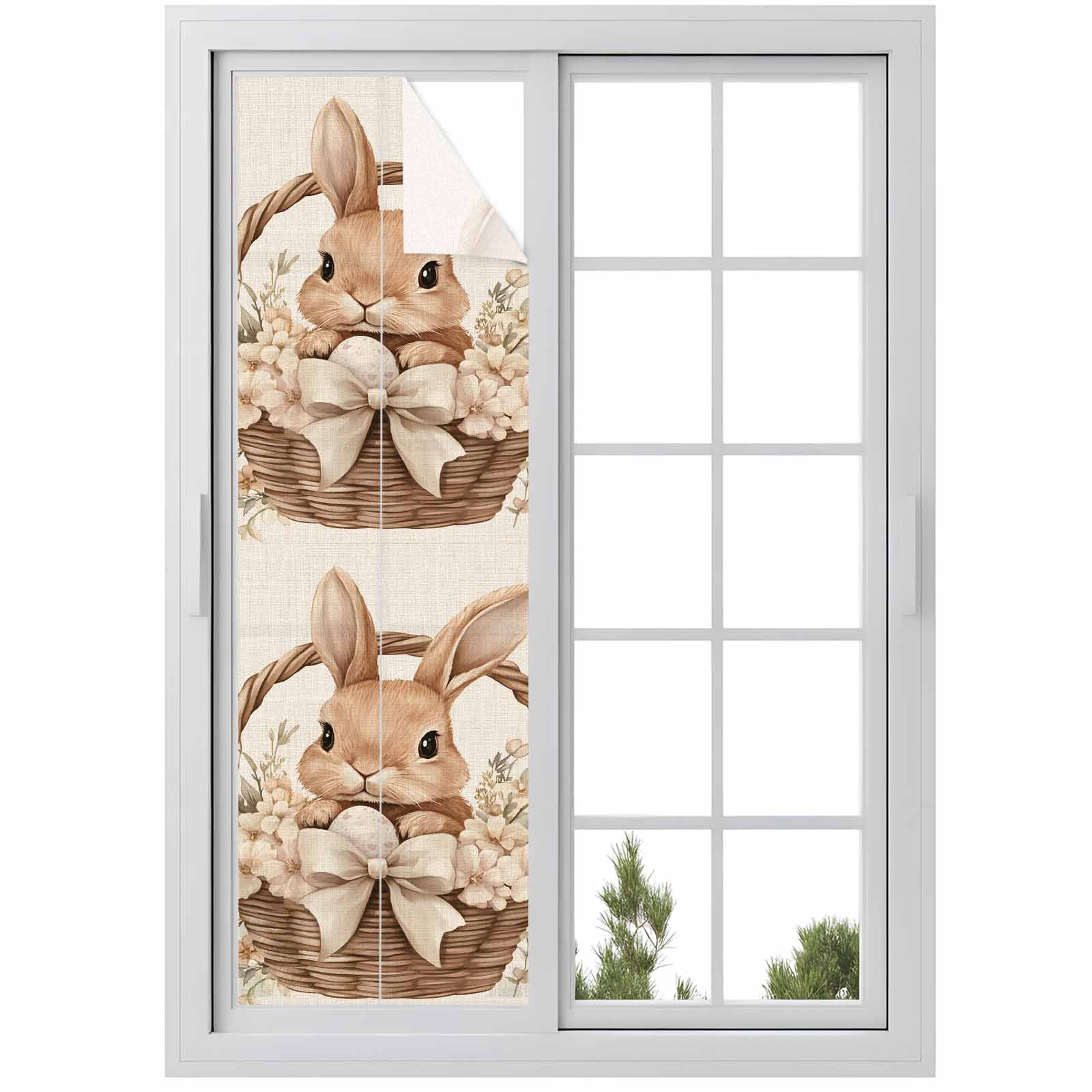 Easter Basket Rabbit Window Privacy Film, Vintage Bowknot Egg Spring Floral Leaf Linen Texture Frosted Glass Window Clings Static Cling Heat Blocking Reusable Door Sticker for Bedroom 23.6x78.7 Inch