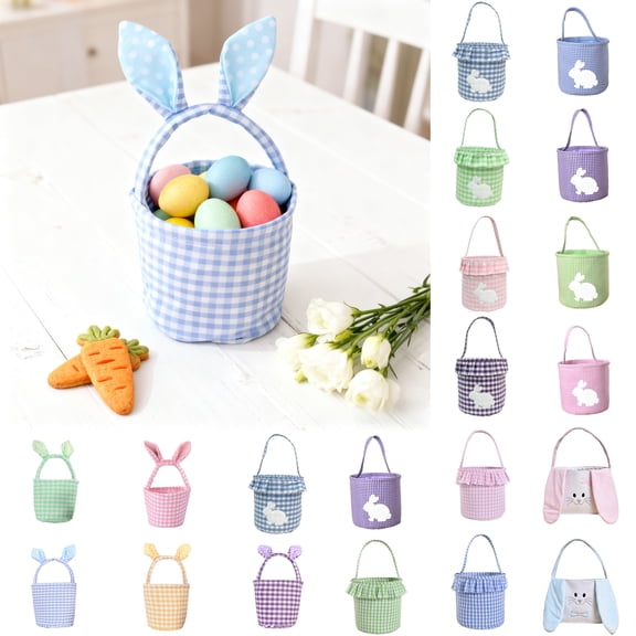 Easter Basket With Rabbits Ears, Easter Decoration Cute Plaid Easter Bunny Baskets Easter Party Supplies, Easter Eggs Candy Gift Storage Handbag Under $10 Easter