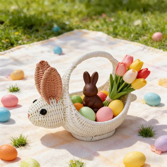 Easter Basket Rabbits-Shaped Gift Baskets With Handle Imitation Rattan Woven Easter Candy Eggs Small Flower Basket Storage Baskets Fruit Picking Picnic Basket Carrying Basket A