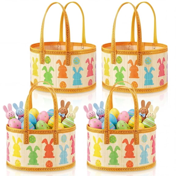 Easter Basket Set, 4 Pack Woven Bamboo Gift Baskets With Handles, Foldable Empty Bunny Egg Design, 9.8 x 7 x 6.3 In, Colorful, For Egg Hunt And Spring Party