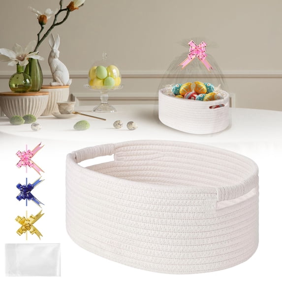 Easter Basket,Small Woven Basket With Gift Bags And Ribbons, Empty Gift Baskets, Shelf Storage, Small Cat Dog Pet Toy Boxes, 13”X 9”X 5.5”,BA