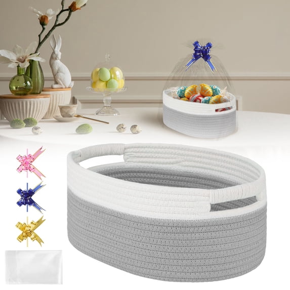 Easter Basket,Small Woven Basket With Gift Bags And Ribbons, Empty Gift Baskets, Shelf Storage, Small Cat Dog Pet Toy Boxes, 13”X 9”X 5.5”,HA