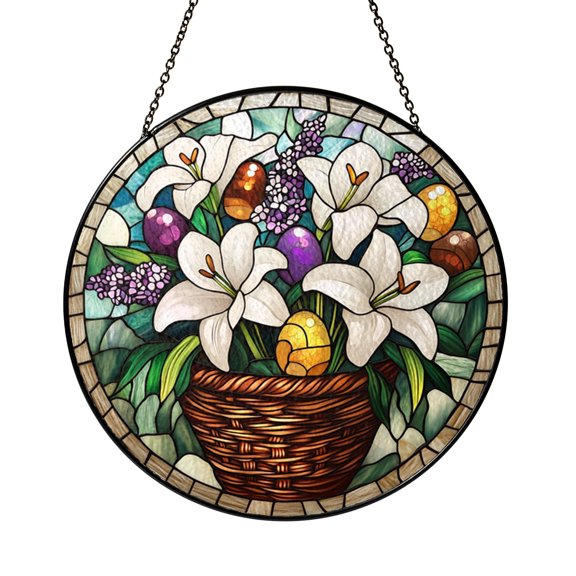 Easter Basket Stained Glass Suncatcher, White Lily Floral Window Decor Gift for Spring