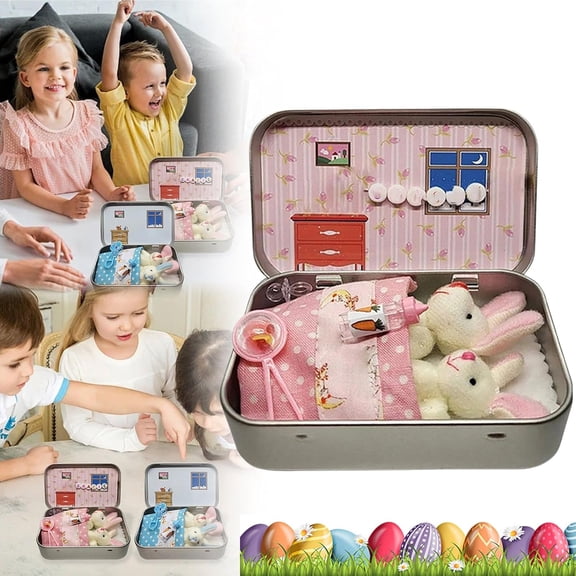 Easter Basket Stuffer, Little Pocket Bunny Decorative Boxes – Mini Plush Bunny Adoption Kit with Accessories, DIY Pet Bunny House for Kids Easter Gifts