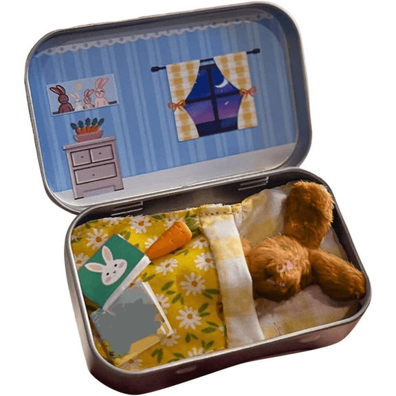 Easter Basket Stuffer, Small Pocket Bunny, Plush Bunny in a Box Hugs , Bunny Stuffed Animal, DIY Pet Bunny Adoption, Easter Bunny for Gift,Cute Rabbit in Tin Box, Travel Buddy, Brown