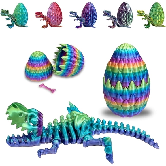 SHUWND Easter Basket Stuffers - 3D Printed Dinosaur Fidget Toy, Mystery Crystal Dinosaur Egg with Articulated Tyrannosaurus Rex, Easter Basket Gifts Flexible Rexy Toys