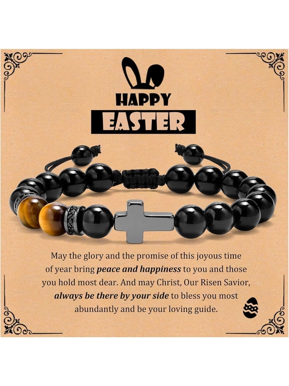 Easter Basket Stuffers Cross Bracelet : Natural Gemstone Beaded Men's Religious Cross Bracelet Wristband for Men Christian Gifts Confirmation Baptism to Son Grandson Nephew