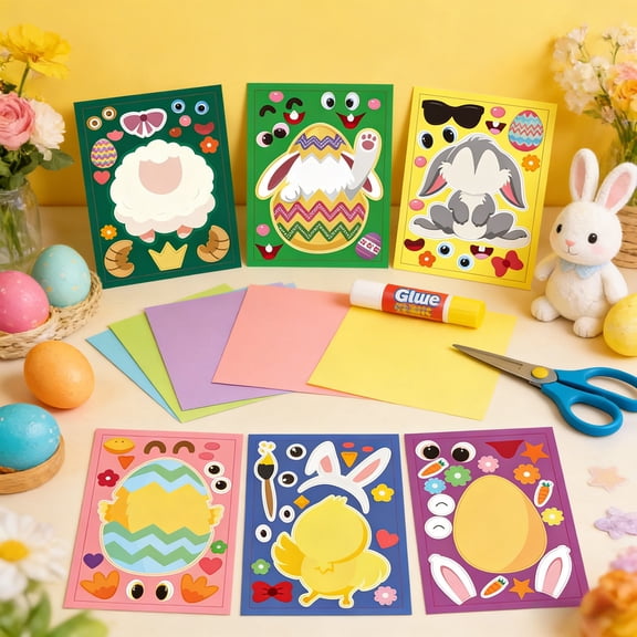 Easter Basket Stuffers for DIY Sticker Sheets 6 Pack – Make Your Own Bunny Chick Egg Faces, Paper Craft Activity for , Party Favors and Classroom Gifts