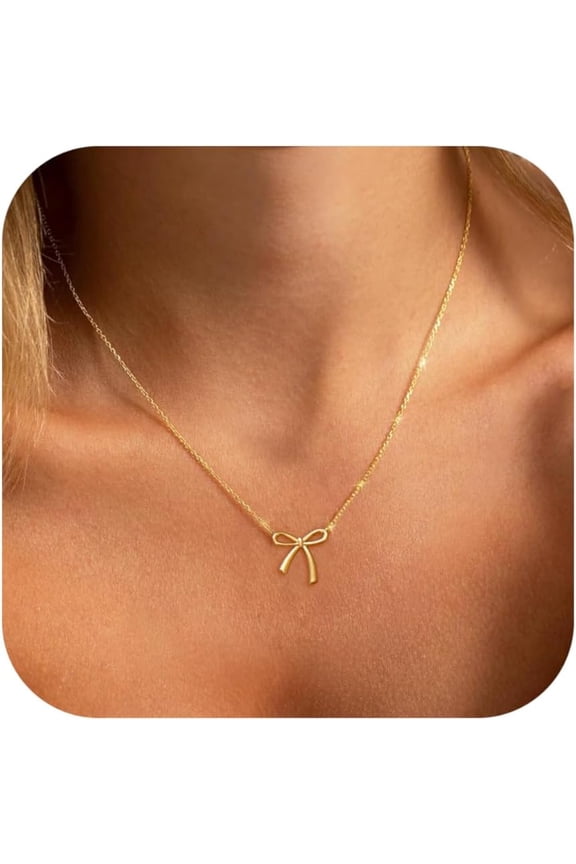Easter Basket Stuffers - Dainty Bow Necklace for Women 14K Gold Plated Cute Choker Small Pendant Charm Necklaces Teen Gift Trendy Stuff Personalized Jewelry