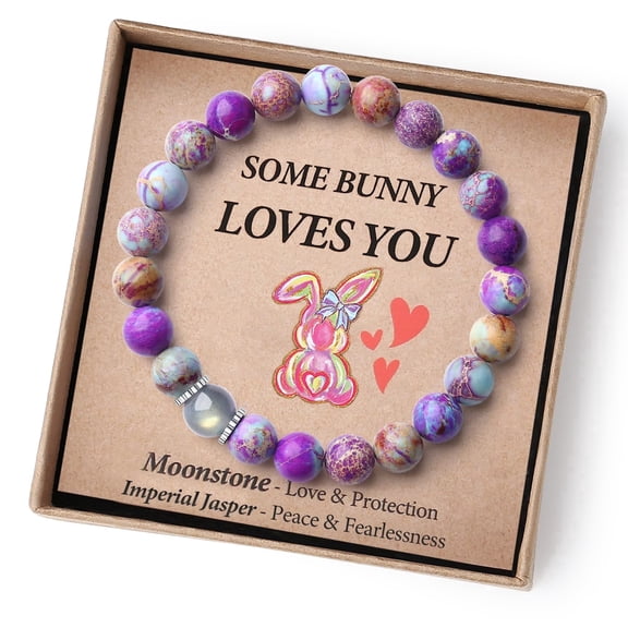 Easter Basket Stuffers - Handmade Crystal Bracelet with Cute Bunny Card/Gift Box-Elastic Design for Girls/Boys/Adults