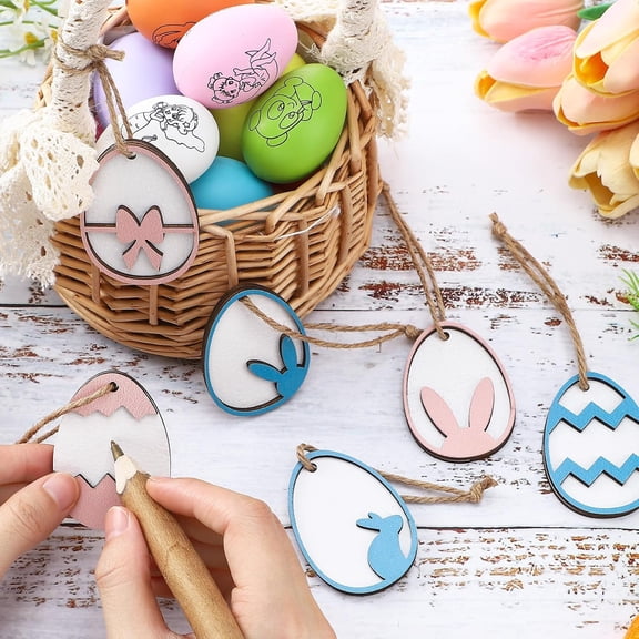 Easter Basket Tags Colorful Wooden Bunny Tags DIY Blank Basket Name Tags with Twine for Bucket Home Room Decoration Hanging Ornaments