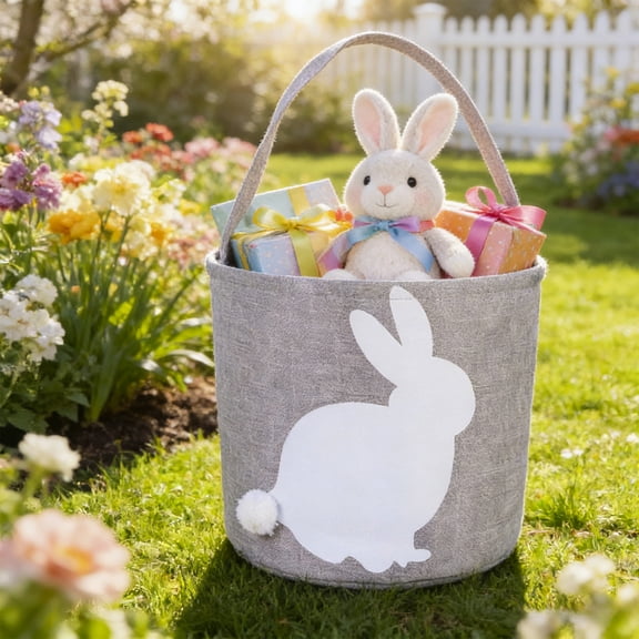 Easter Basket Tote Bunny Pattern Gift Basket, Reusable Cloth Easter Egg Candy Bag for Kids Personalization, Foldable Lightweight Storage Basket for Easter Party Holiday School Celebration