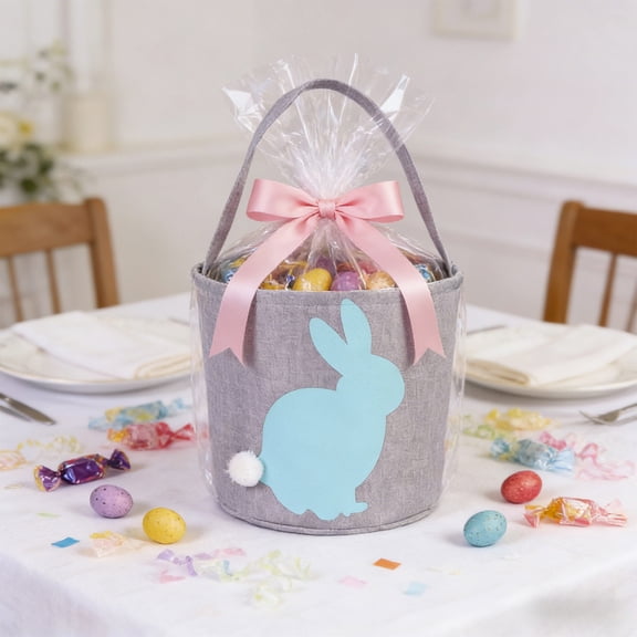 Easter Basket Tote Bunny Pattern Gift Basket, Reusable Cloth Easter Egg Candy Bag for Kids Personalization, Foldable Lightweight Storage Basket for Easter Party Holiday School Celebration
