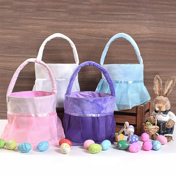 Easter Basket,Velvet Purple Ruffled Tulle Empty Gift Basket with Handle,Soft Candy Tote Bag for Egg Hunt,Party Supplies,Party Favor Storage Container