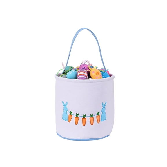 Easter Basket, White Canvas with Bunny and Carrot Design, 9 Inch Diameter, Polka Dot Liner, Foldable Handle, for Egg Hunting and Spring Easter Decor (Blue)