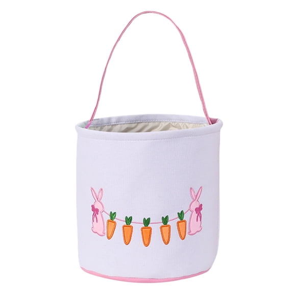 Easter Basket, White Canvas with Bunny and Carrot Design, 9 Inch Diameter, Foldable Handle, for Egg Hunting and Spring Decor, A