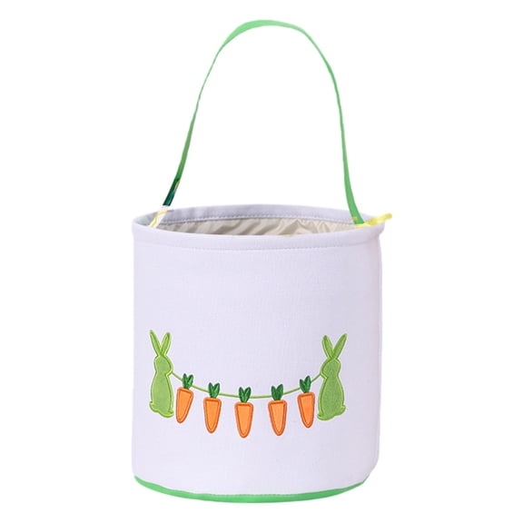 Easter Basket, White Canvas with Bunny and Carrot Design, 9 Inch Diameter, Foldable Handle, for Egg Hunting and Spring Decor, Green