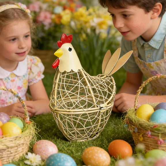 Easter Basket,Wire Chicken Egg Basket, Portable Kitchen Egg Holder Storage Organizer, Cute Hen Shaped Metal Basket for Eggs, Fruits, Snacks, Easter Home Decor, Countertop(Yellow)