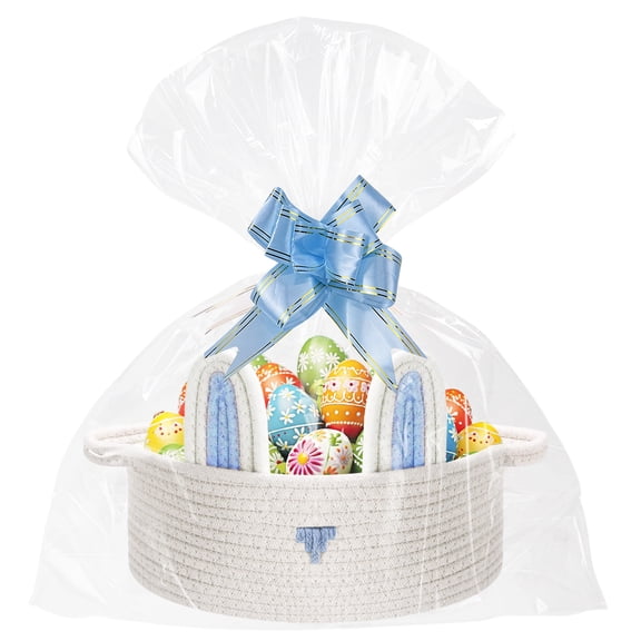 Easter Basket With Handle Large Cute Bunny Basket with Cellophane Bag Bow for Easter Egg Hunting Treasure Hunt Easter Party Supplies Blue Design 4