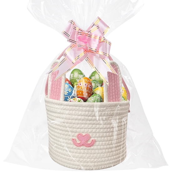 Easter Basket With Handle Large Cute Bunny Basket with Cellophane Bag Bow for Easter Egg Hunting Treasure Hunt Easter Party Supplies Pink Design 2