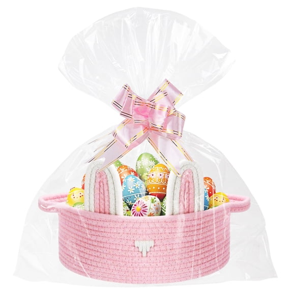Easter Basket With Handle Large Cute Bunny Basket with Cellophane Bag Bow for Easter Egg Hunting Treasure Hunt Easter Party Supplies Pink Design 3
