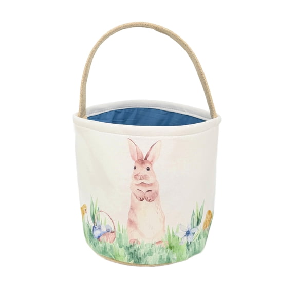 Easter Basket With Watercolor Rabbit Design Large 9x9 Inch Burlap And Cotton Fabric Pink Or Blue Lined Interior For Egg Hunts Spring Decor (blue)