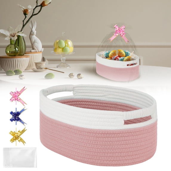 Easter Basket Woven Basket with 1 Gift Bag & 3 Ribbons Empty Gift Basket for Easter Egg Hunt, Easter Basket Stuffers, Basket for Easter Gifts Party Storage Container for Women Kids, 13''x9''x5.5'', A