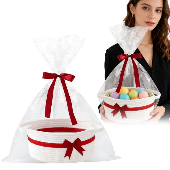Easter Basket Woven Basket with Gift Bag & Ribbons Empty Gift Basket for Easter Egg Hunt, Easter Basket Stuffers, Basket for Easter Gifts Party Storage Container for Women Kids, 12''x8''x5'', Small E