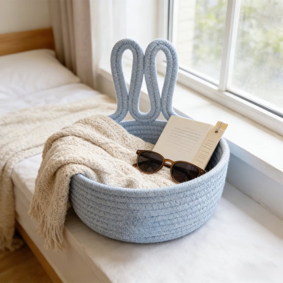 Easter Basket,Woven Cotton Rabbit Ear Storage Basket with Pom Pom,Small Light Blue Home Decor Organizer for Candy,Toys,Bathroom & Countertop