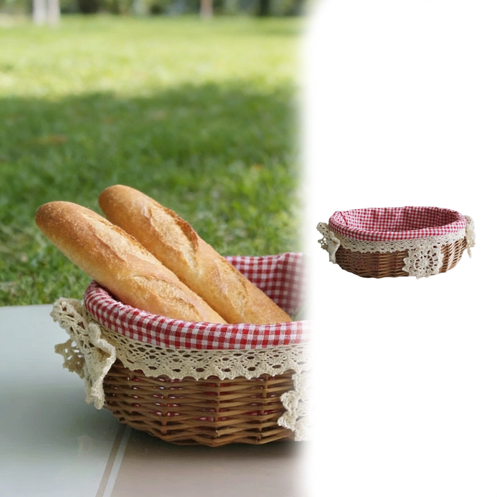Easter Basket with Lace and Gingham, Handwoven Decorative Storage Basket for Egg Hunts, Picnics, Farmhouse Home Decor and Spring Party Supplies