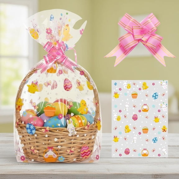 Easter Baskets Bags Large Cellophane Gift Bags with Pull Bows Ribbon Clear Eggs Bunny Treat Bag for Easter Gifts Party Decorations Gift Baskets Wrapping