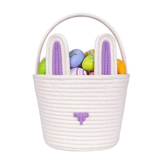 Easter Baskets, Cotton Rope Bunny Basket for Kids Easter Egg Hunt | Handmade Purple and White Rabbit Gift Basket with Handles | Baby Shower Party Decoration