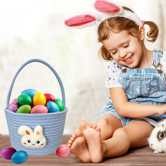 Easter Baskets for Kids,Plush Easter Bunny Gift Basket,Cute Bunny Egg Hunt Basket Bags with Bunny Ears,Cotton Woven Egg Hunts Basket for Girls & Boys, Easter Gifts Storage Perfect for Toddlers