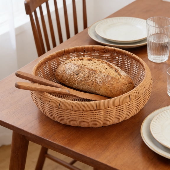 Easter Baskets​ Round Hand-Woven Beige Wicker Basket Grid Texture Reinforced Rim Sturdy Flat Base Rustic Shallow Tabletop Storage Container