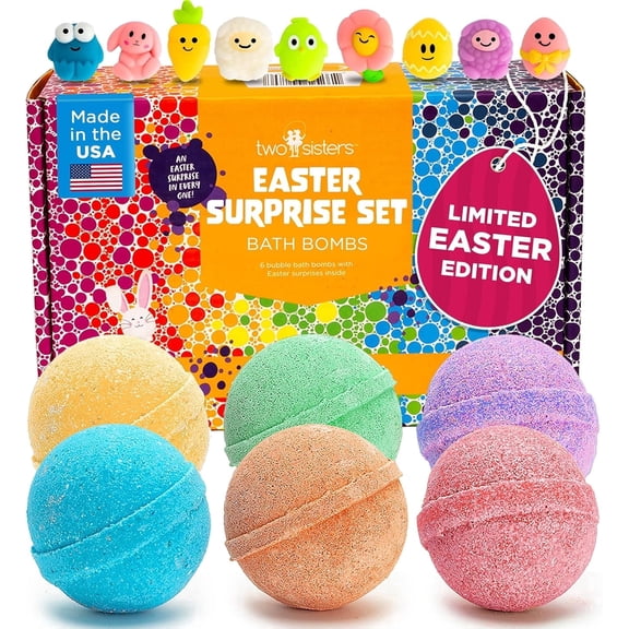 Easter Bath Bombs for Kids with Surprise Toys Inside (6 Pack) - Kids Easter Basket Stuffers for Boys and Girls - Large Spring Bubble Bomb, Made in USA, Incredible Fragrances & Colors by Two Sisters