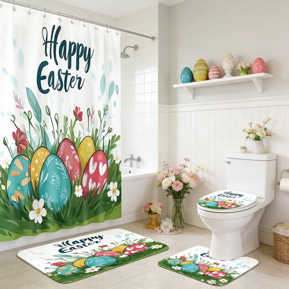 Easter Bathroom Decor Set 4 Pcs, Waterproof Shower Curtain Bath Mat Toilet Lid Cover, Bunny Floral Pattern, for Holiday Home Decor, 70.8x70.8 Inches Set