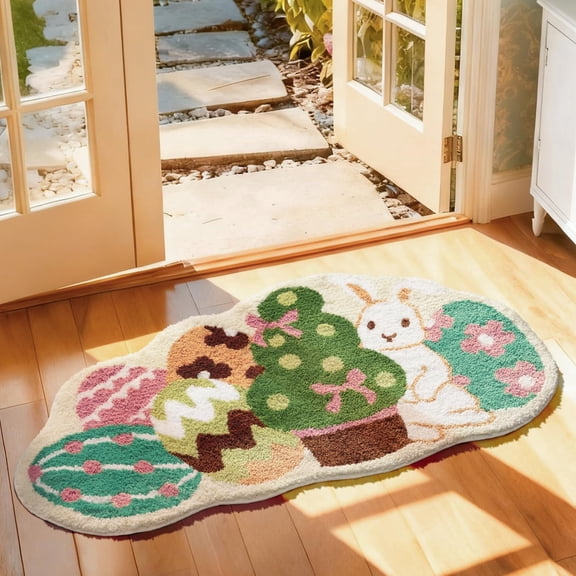 Easter Bathroom Rug, Egg & Bunny Soft Tufted Absorbent Bath Mat, Green Decorative Rug for Bathroom, Front Door, Living Room, Bedroom, Kitchen, 23.5" x 45"