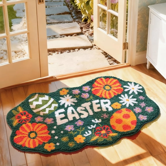 Easter Bathroom Rug, Flower & Egg Soft Tufted Absorbent Bath Mat, Deep Green Decorative Rug for Bathroom, Front Door, Living Room, Bedroom, Kitchen, 26" x 42"