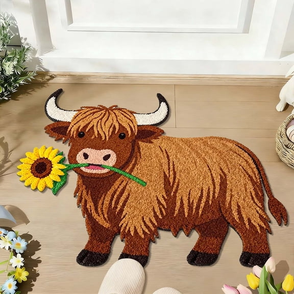Easter Bathroom Rug - Highland Cow Bathroom Mat Cow Print Rug CuteRug for Western Home Decor, 35 inch Bathroom Rugs Non Slip Washable for Kids Room, Kitchen