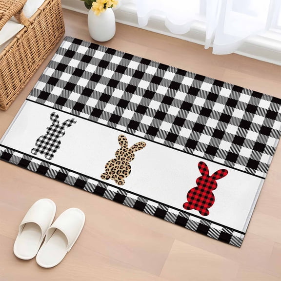 Easter Bathroom Rug Washable 2x3 Entryway Rug Non Slip Cartoon Leopard Print Buffalo Plaid Rabbits Front Door Mat Low Pile Indoor Doormat Throw Floor Carpet for Kitchen Bedroom Entrance